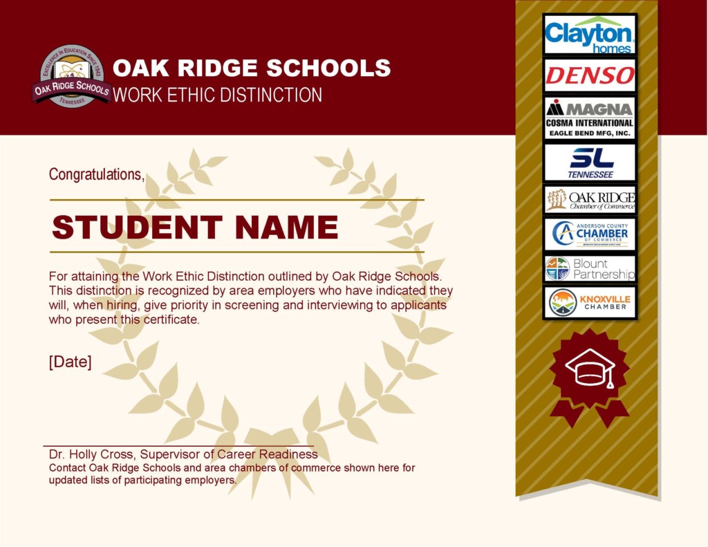 Work Ethic Distinction Certificate - Oak Ridge Schools